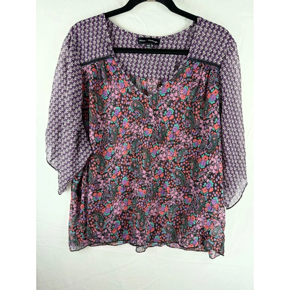 Mason &‎ Mackenzie Womens XL Mixed Print Paisley Floral Blouse Purple V-Neck Top